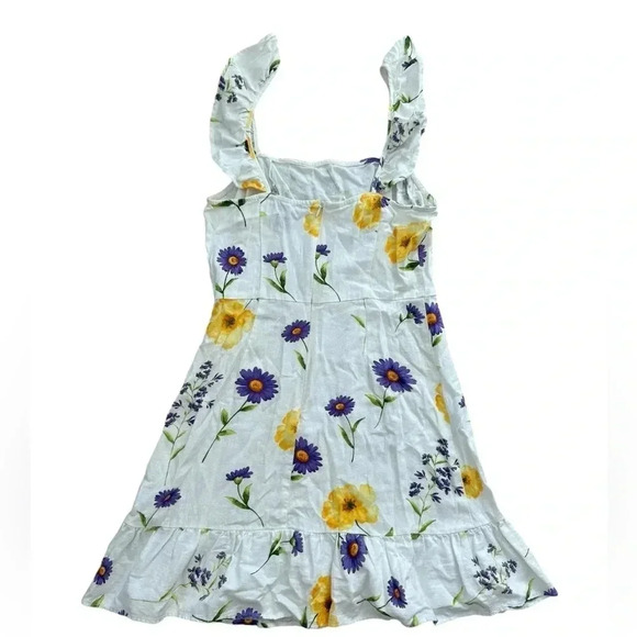 Off White FLORAL FLOWER RUFFLE Hem SUMMER SUN Linen DRESS Medium - Picture 3 of 10
